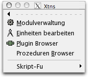 Inhalt des Xtns-Menüs.